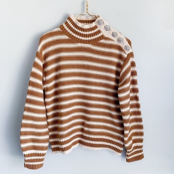 J. Crew women’s striped rhinestone button mock neck lambs wool chunky sweater - Picture 1 of 7